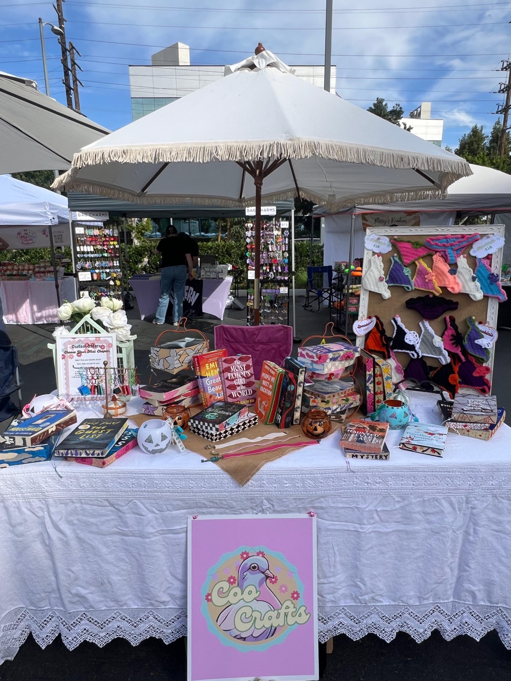 Coo Crafts outdoor market table displaying painted books, Bookinis and the pigeon logo